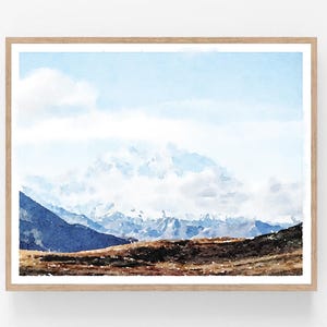 Denali National Park Mountain Watercolor Wall Art Digital Printable Rustic Landscape Painting Alaskan Winter 5x7, 8x10, 11x14, 16x20, 18x24