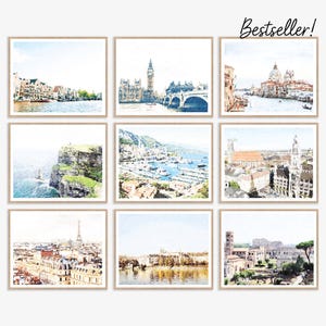 Set of 9 European City Prints, Chic Neutral Gallery Wall Decor, Paris Rome Venice Travel Art, Printable Architecture Photography 8x10, 11x14