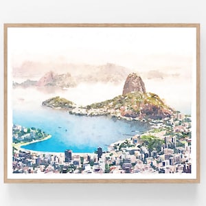 Río de Janeiro Brasil acuarela pintura digital imprimible, paisaje urbano paisaje aéreo pared arte impresión decoración 5x7, 8x10, 11x14, 16x20, 18x24