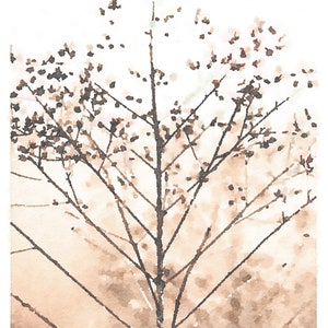 May include: Watercolor painting of a brown branch with small brown leaves. The background is a light brown color.