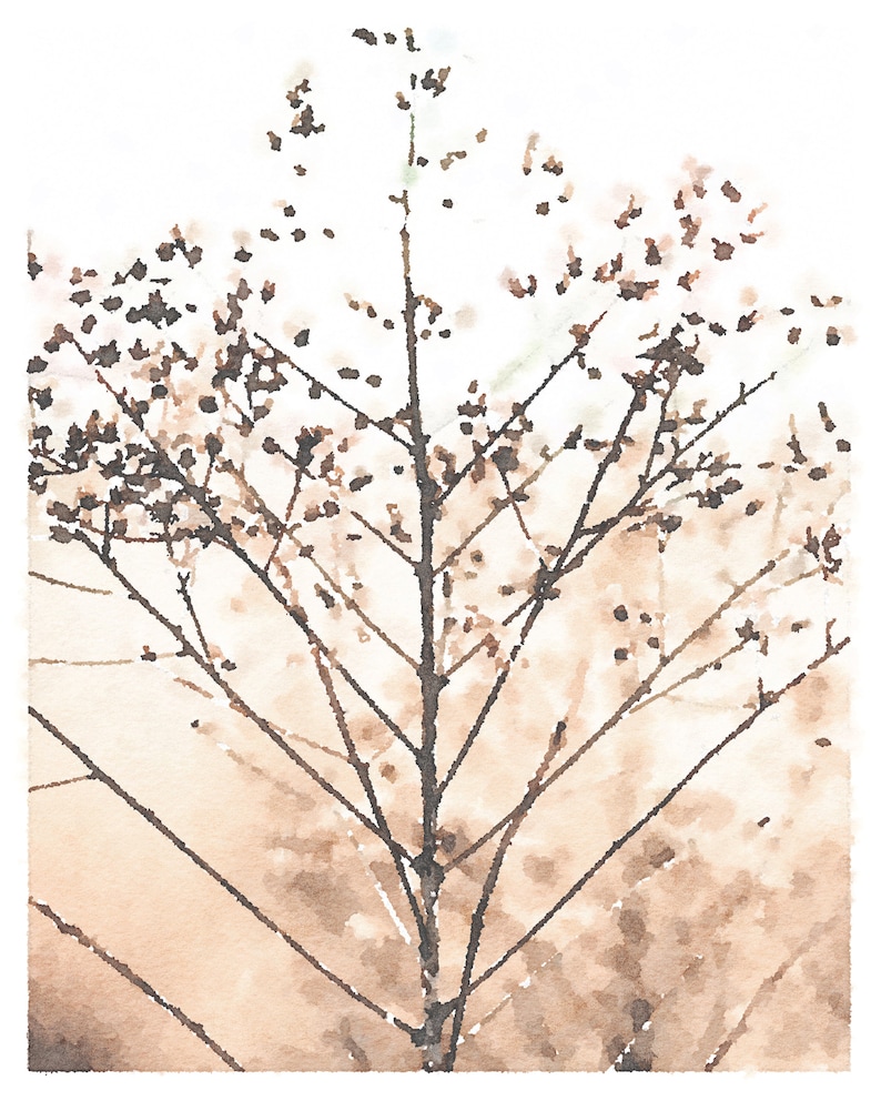 May include: Watercolor painting of a brown branch with small brown leaves. The background is a light brown color.