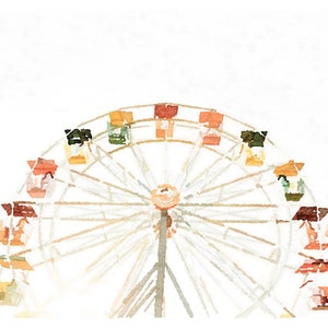 May include: A watercolor painting of a white Ferris wheel with colorful gondolas against a white background.