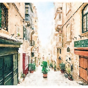 Valletta Malte Aquarelle Wall Art Téléchargement numérique, bâtiments vintage, Old World Street, Neutre Print Decor 5x7, 8x10, 11x14, 16x20, 18x24 image 2