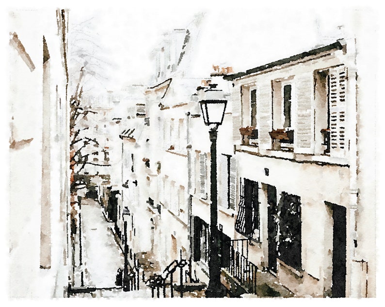 May include: A watercolor painting of a narrow street in Paris, France. The street is lined with white buildings with black windows and doors. There is a street lamp in the center of the image.