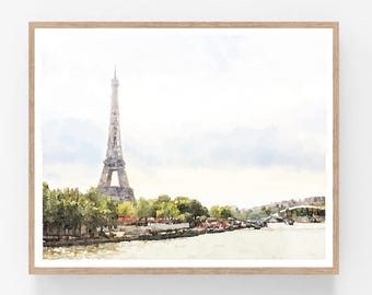 Paris Watercolor Print Digital Download Printable, French Wall Decor, France Art, Seine River, Europe Travel 5x7, 8x10, 11x14, 16x20, 18x24