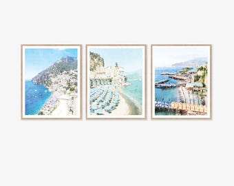 Amalfi Coast Watercolor Art Set of 3, Positano Atrani Sorrento Prints, Italian Seascape Digital Download Coastal Wall Decor 5x7, 8x10, 11x14