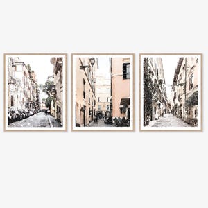 Italien Prints, Rom Straßenszenen 3er-Set Aquarell Wandkunst, bedruckbar digital, neutrales Dekor, Gebäude Architektur, Fotografie Druck