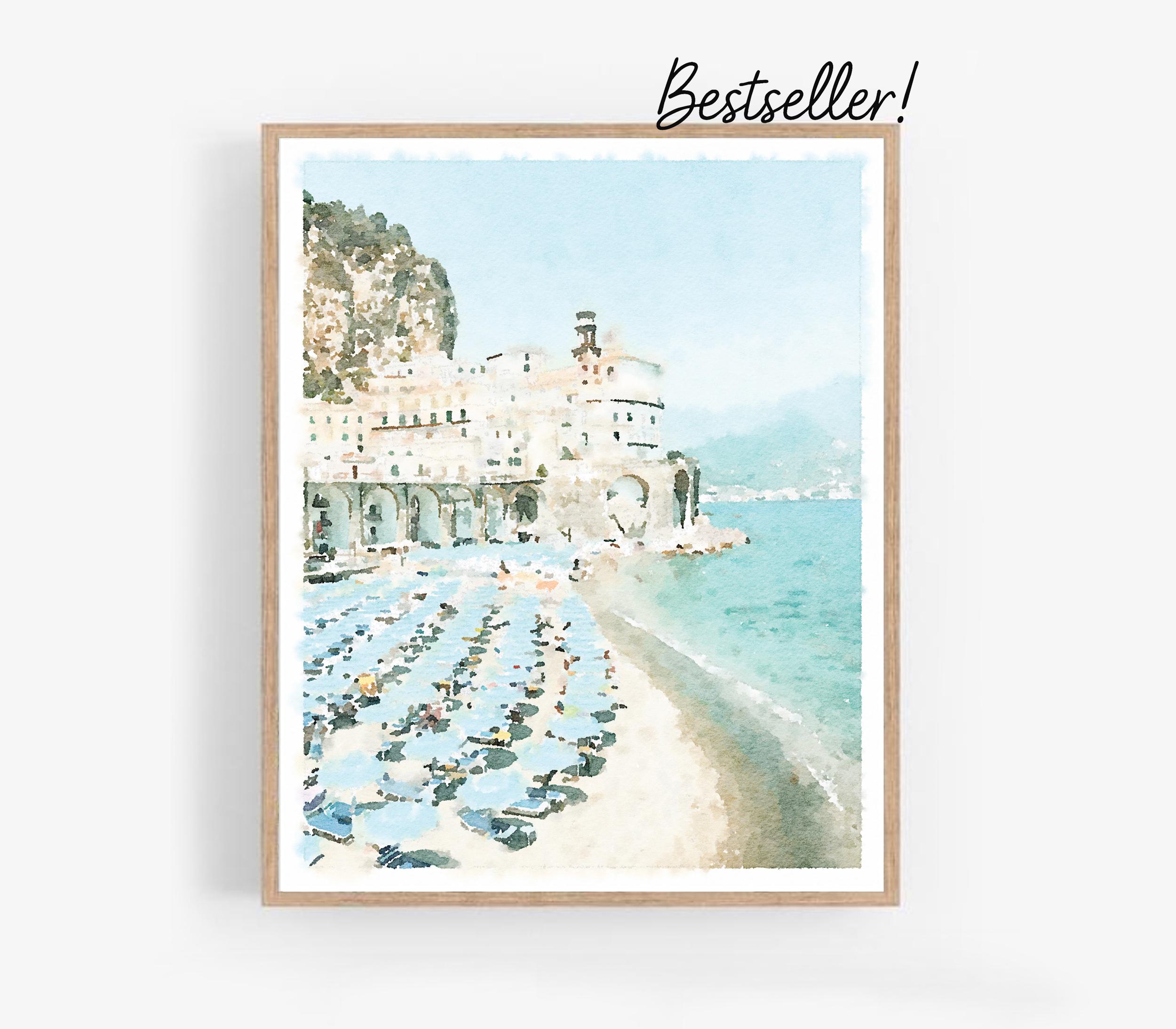 Amalfi Coast Italy Print, Atrani Salerno Watercolor Wall Art Beach Digital Download Italian Decor Photography 5x7, 8x10, 11x14, 16x20, 18x24