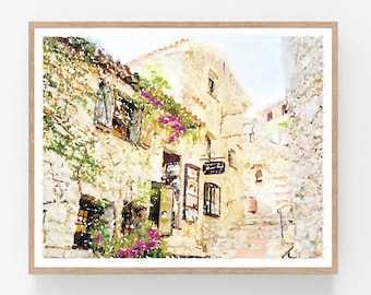 Old World French Village Eze France Watercolor Painting Digital Printable Neutral Vintage Print Country Decor 5x7, 8x10, 11x14, 16x20, 18x24