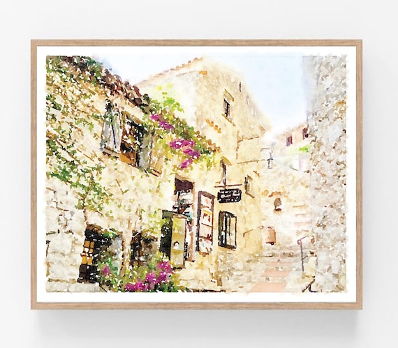 茶*様 50s ビンテージ額装ウォール街NY手書きアート 鉛筆画 作家物ブロカン 古き良きフランスの村エズ、水彩画、デジタル印刷可能、ニュートラルな