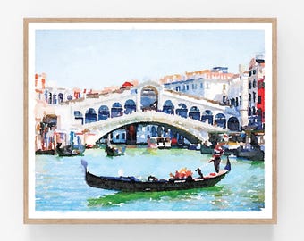 Puede incluir: Pintura acuarela de una góndola en un canal de Venecia, Italia. La góndola está en primer plano, con el Puente de Rialto en el fondo. El puente es blanco con arcos y está rodeado de edificios. El agua es azul y verde.