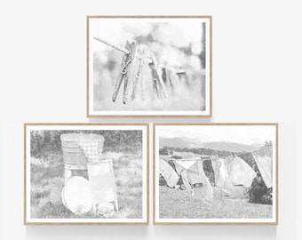 Black and White Laundry Room Gallery Wall Art Set of 3 Printable Download Prints, Neutral Spring Laundry Decor 5x7, 8x10, 11x14, 16x20