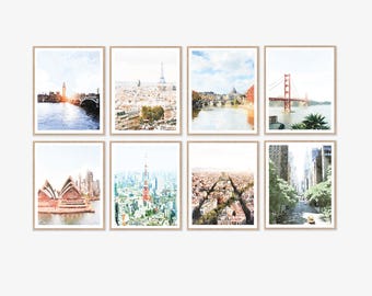Bestsellers World City Wall Art Set of 8 Prints Watercolor Digital Download, Paris, London, Rome, NYC, Travel Gallery Wall Decor 8x10, 11x14