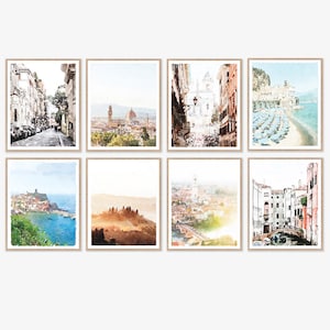Italy Prints Set of 8 Watercolor Paintings Digital Download, Italian Wall Art, Europe Travel Art, Rome, Amalfi Coast, Florence, 8x10, 11x14