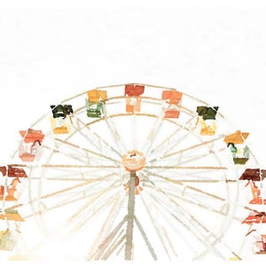 May include: A watercolor painting of a white Ferris wheel with colorful gondolas against a white background.