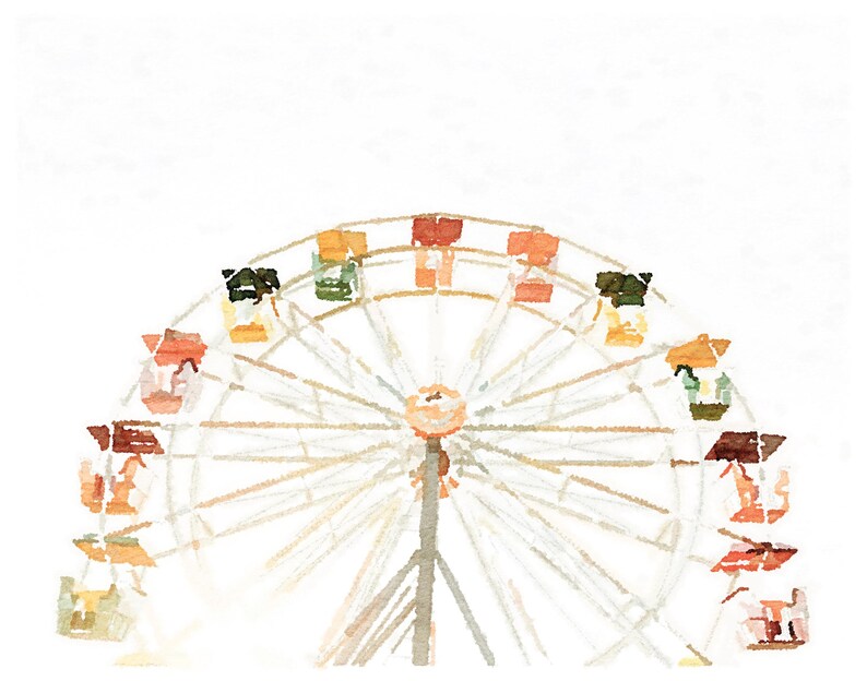 May include: A watercolor painting of a white Ferris wheel with colorful gondolas against a white background.