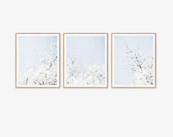 Watercolor Gallery Wall Art Set of 3 Download, White Blossoms Prints, Minimalist Botanical Decor, Modern Floral Artwork 5x7, 8x10, 11x14
