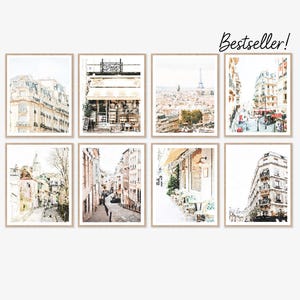 Set of 8 Paris France Gallery Prints, Watercolor Wall Art Digital Download, 8x10, 11x14, Neutral French Photography Painting Artwork Decor