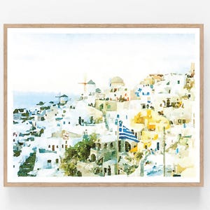 Santorini Print Digital Download, Greece Watercolor Wall Art Windmill Photography Island Landscape Decor 5x7, 8x10, 11x14, 16x20 18x24