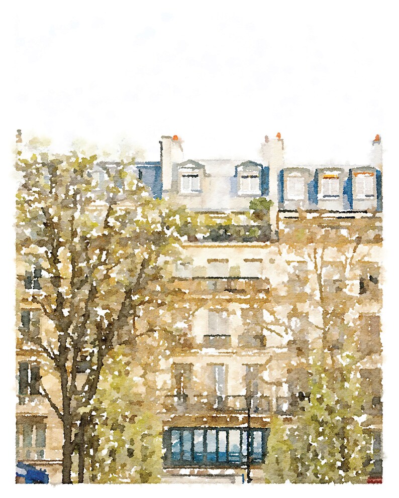 Puede incluir: Una pintura de acuarela de un edificio parisino con un &aacute;rbol en frente. El edificio es beige con marcos de ventanas azules y un techo marr&oacute;n. El &aacute;rbol es verde y marr&oacute;n con un tronco blanco.