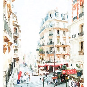 Puede incluir: Una pintura de acuarela de una escena callejera parisina con edificios, una cafeter&iacute;a y personas caminando. Los edificios est&aacute;n pintados en tonos de blanco y beige, con acentos rojos. La cafeter&iacute;a tiene un toldo rojo y un letrero que dice "METROPOLE".
