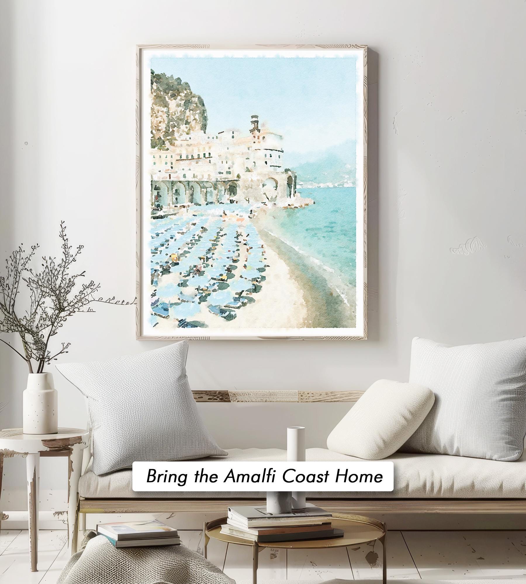 Beach Print, Amalfi Coast Italy, Atrani Watercolor Wall Art