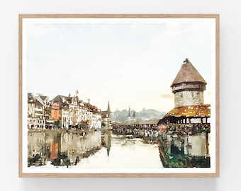 Pintura em aquarela de Lucerna, Suíça, arte de parede digital para download, impressão de ponte, decoração suíça, paisagem urbana 5x7, 8x10, 11x14, 16x20, 18x24
