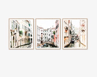 Venice Italy Print Set of 3 Watercolor Wall Art Digital Download, Vintage Water Canal Photography Painting Architecture 5x7, 8x10, 11x14