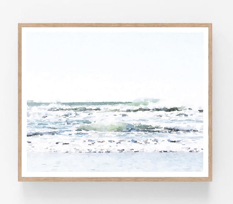 May include: A watercolor painting of ocean waves crashing on a beach. The painting is in shades of blue, green, and white.