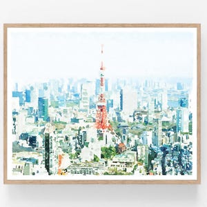 Tokyo Japan City Wand Kunst Aquarell Malerei Digitaler Download, Tower Poster Japanisches Dekor Gebäude Print 5x7, 8x10, 11x14, 16x20, 18x24