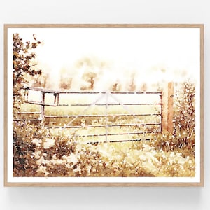 Old Gate Neutral Painting Digital Printable, Landscape Print Farmhouse Artwork Country Decor Cottage Wall Art 5x7, 8x10, 11x14, 16x20, 18x24