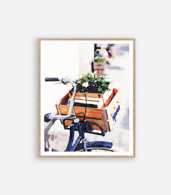 Bicycle Flower Basket Box Watercolor Wall Art, Botanical Print, Digital Download, Bike, Street Scene, Neutral Poster Painting 16x20, 18x24
