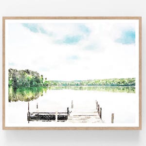 Pintura de paisaje del lago arte de pared imprimible, muelle, muelle, decoración de la casa del lago, arte descargable, impresión de acuarela 5x7, 8x10, 11x14, 16x20, 18x24