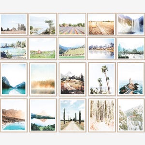 Watercolor Landscape Paintings Wall Art Set of 20 Download Prints, Nature Lake Mountain Woods Ocean Trees Decor, 8x10, Trending Bestseller. A set of 20 watercolor prints featuring various landscapes. The prints are all in a similar style, with soft colors and a painterly feel. The landscapes include mountains, lakes, forests, and fields. Some of the prints feature a rustic farmhouse, a lighthouse, and a waterfall.
