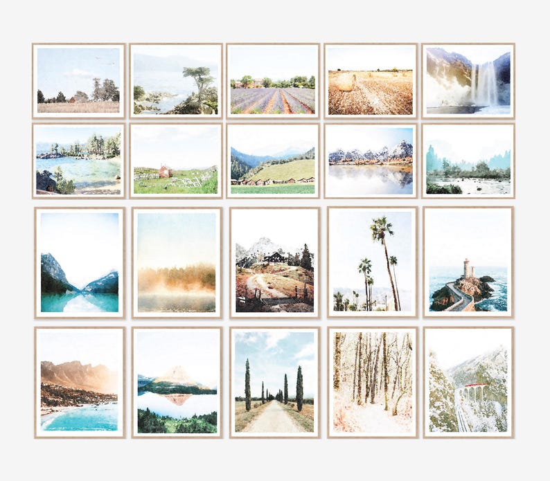 Watercolor Landscape Paintings Wall Art Set of 20 Download Prints, Nature Lake Mountain Woods Ocean Trees Decor, 8x10, Trending Bestseller. A set of 20 watercolor prints featuring various landscapes. The prints are all in a similar style, with soft colors and a painterly feel. The landscapes include mountains, lakes, forests, and fields. Some of the prints feature a rustic farmhouse, a lighthouse, and a waterfall.
