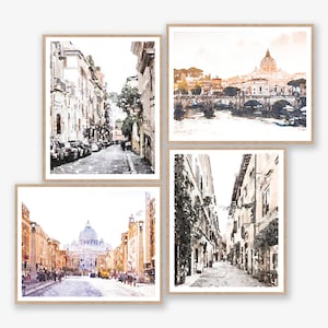 Set van 4 Rome Italië prints, digitale download, aquarel kunst aan de muur, neutrale fotografie decor, stadsgezicht straat gebouwen 5 x 7, 8 x 10, 11 x 14