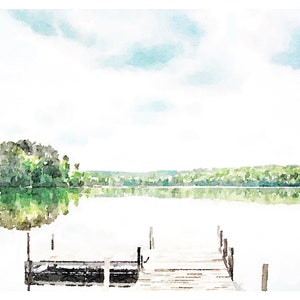 May include: Watercolor painting of a serene lake scene. A wooden dock extends into the calm water, reflecting the surrounding green trees and a light blue sky with fluffy clouds. The artwork evokes a sense of peace and tranquility.