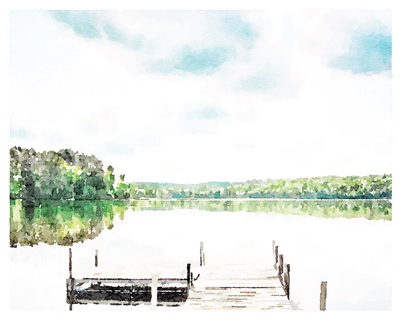 May include: Watercolor painting of a serene lake scene. A wooden dock extends into the calm water, reflecting the surrounding green trees and a light blue sky with fluffy clouds. The artwork evokes a sense of peace and tranquility.
