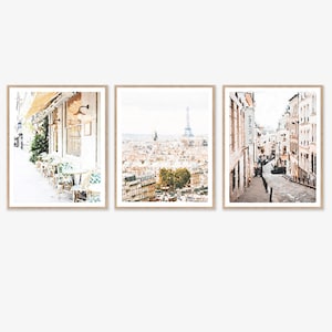 Paris Prints Set of 3 Digital, Paris Cafe, Paris Aerial View, Paris Street Buildings, France Architecture, French Neutral Decor Wall Art