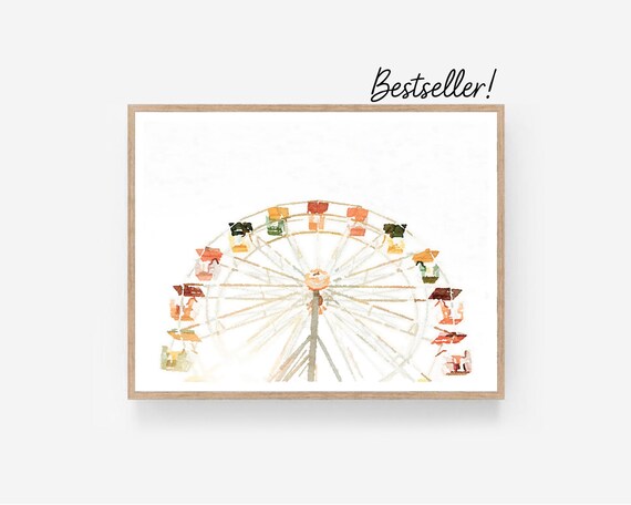 Large Poster Sizes Ferris Wheel Watercolor Print Digital Download, Neutral Wall Art Carnival Ride Playroom 11x14, 16x20, 18x24, 24x36, 30x40