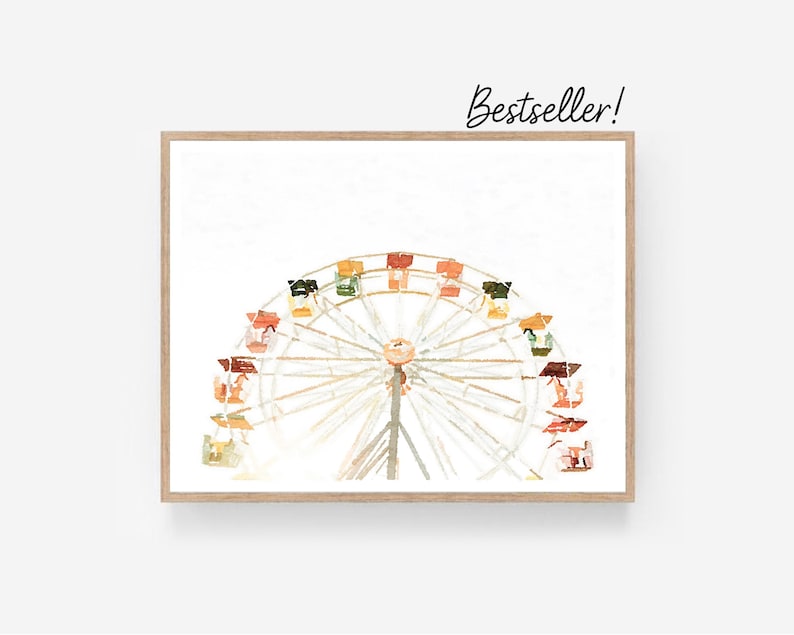 Large Poster Sizes Ferris Wheel Watercolor Print Digital Download, Neutral Wall Art Carnival Ride Playroom 11x14, 16x20, 18x24, 24x36, 30x40 image 1