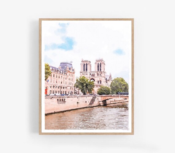 フランス・パリ　ノートルダム大聖堂　セーヌ川　水彩画 水彩画 パリ ノートルダム大聖堂 セーヌ川 デジタルダウンロード