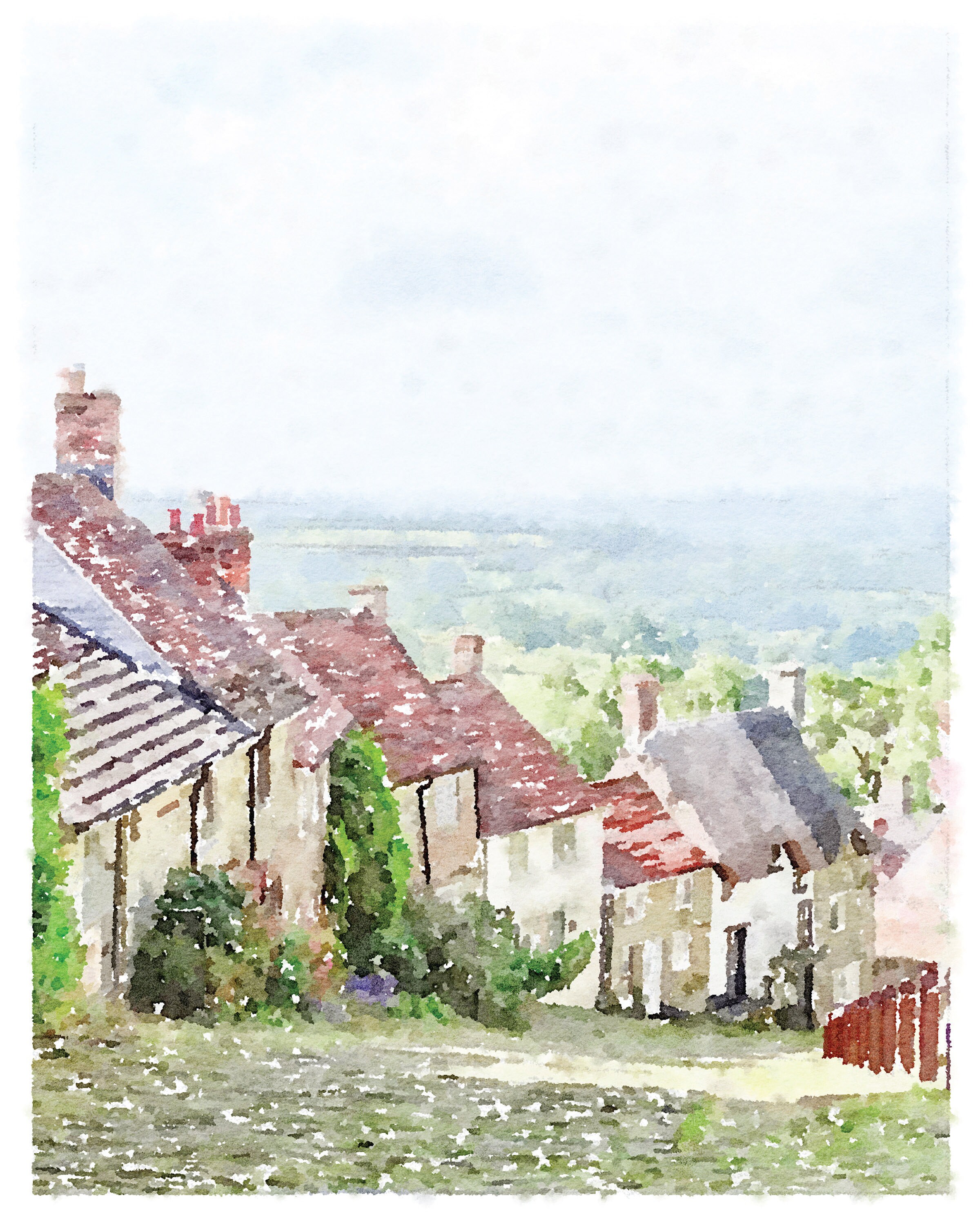 イギリス2階建て、街の風景 油彩画 イギリス2階建て、街の風景 油彩画
