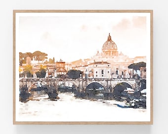 Italy Print, Neutral Rome Cityscape Digital Download Wall Art, Buildings Bridge Architecture Water Decor 5x7, 8x10, 11x14, 16x20, 18x24