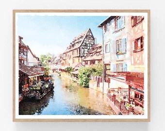 May include: Watercolor painting of a canal in a European city. The buildings are colorful and have a traditional style. The canal is lined with trees and there are people walking along the edge.