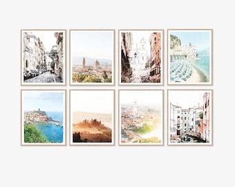 Set of 8 Italy Travel Gallery Watercolor Wall Art Digital Printables, Rome, Florence, Amalfi Coast, Cinque Terre, Verona, Venice 8x10, 11x14