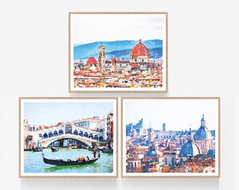 Italy Prints Florence Venice Rome Set of 3 Digital Printable Wall Art Italian Photography Painting Watercolor Decor Artwork 5x7, 8x10, 11x14