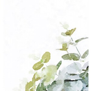 May include: Watercolor painting of a white flower with green leaves. The flower is in the upper right corner of the image and the leaves are in the lower left corner.