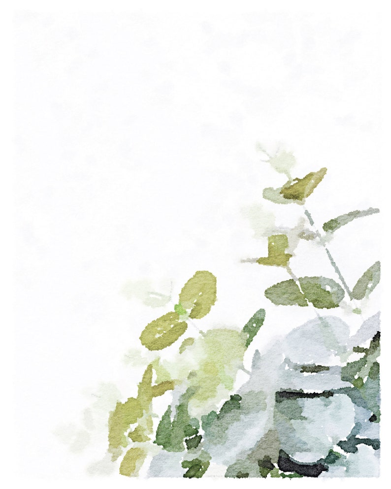 May include: Watercolor painting of a white flower with green leaves. The flower is in the upper right corner of the image and the leaves are in the lower left corner.