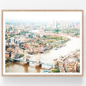 London England Skyline Art Travel Painting, River Thames Bridge Printable Download, Watercolor Europe Print 5x7, 8x10, 11x14, 16x20, 18x24